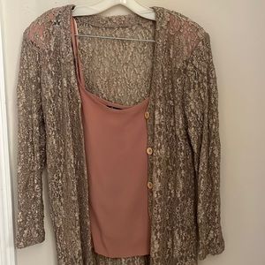 Long, lace jacket over peach colored cami. Women’s size 10.